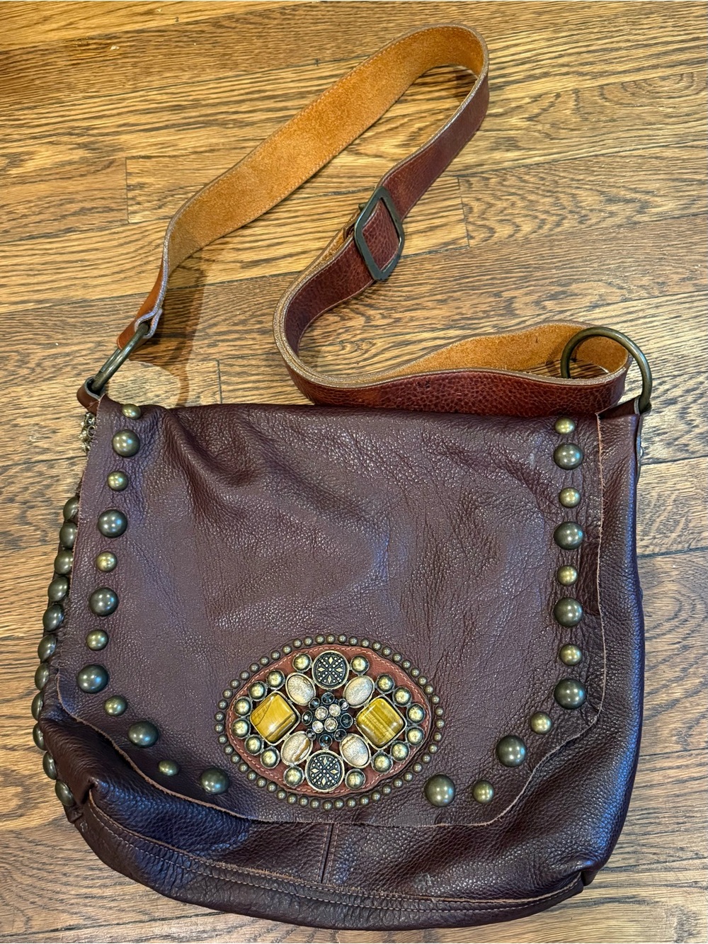Leatherock USA Brown Leather Studded Rhinestone Western Messenger Crossbody Bag